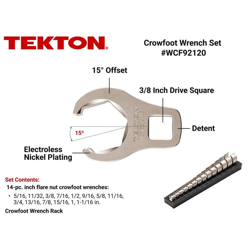 TEKTON 5/16 - 1-1/16 in. 3/8 in. Drive 6-Point Flare Nut Crowfoot Wrench Set (14-Piece) with Rack (2)