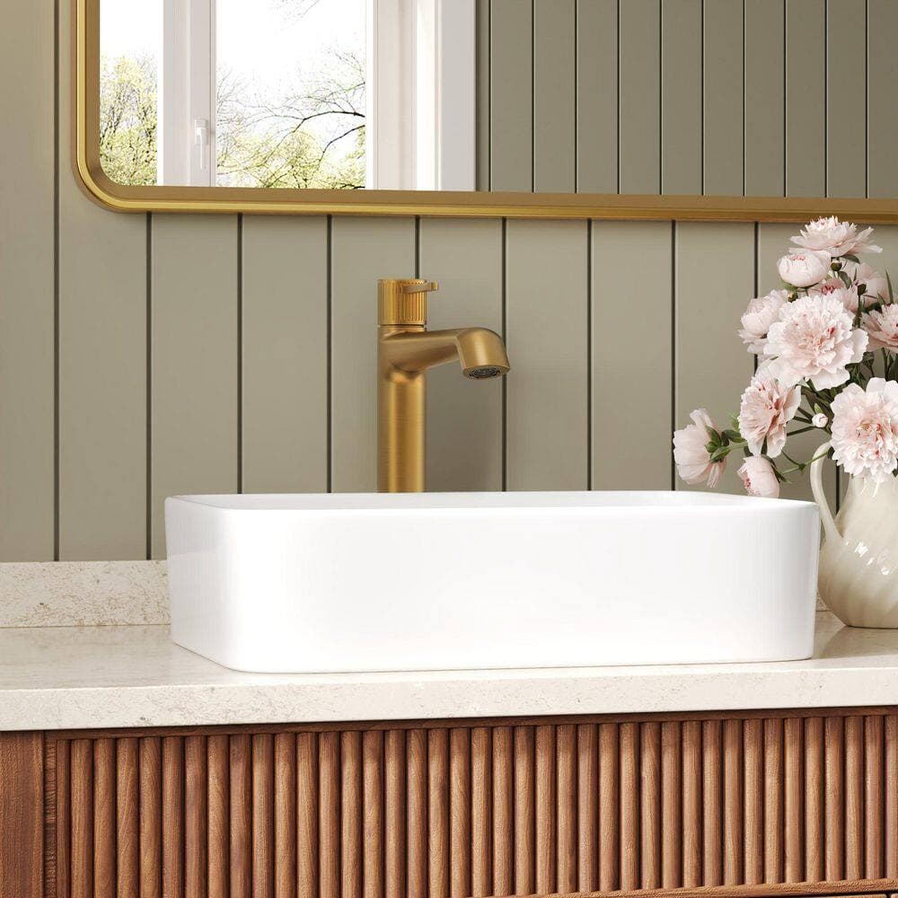 GRANDJOY 12.8 in. H Mid-Arc Single Handle Single Hole Vessel Sink Faucet, Spot-Resist with Pop Up Drain Included in Brushed Gold (2)