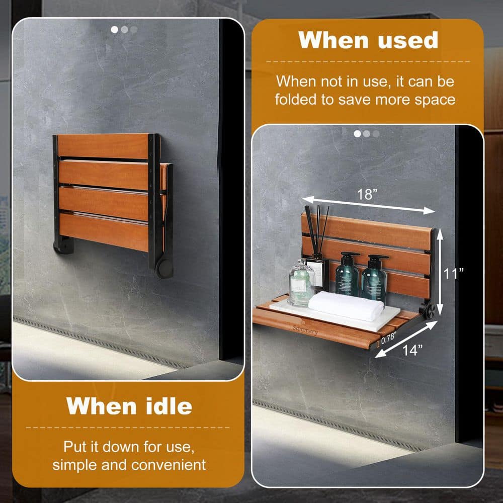 Wudkey 18 in. W Fold-Down Wall Mount Shower Seat, Anti-Slip & Waterproof, Teak Wood, Wall-Mounted in Natural Teak (2)