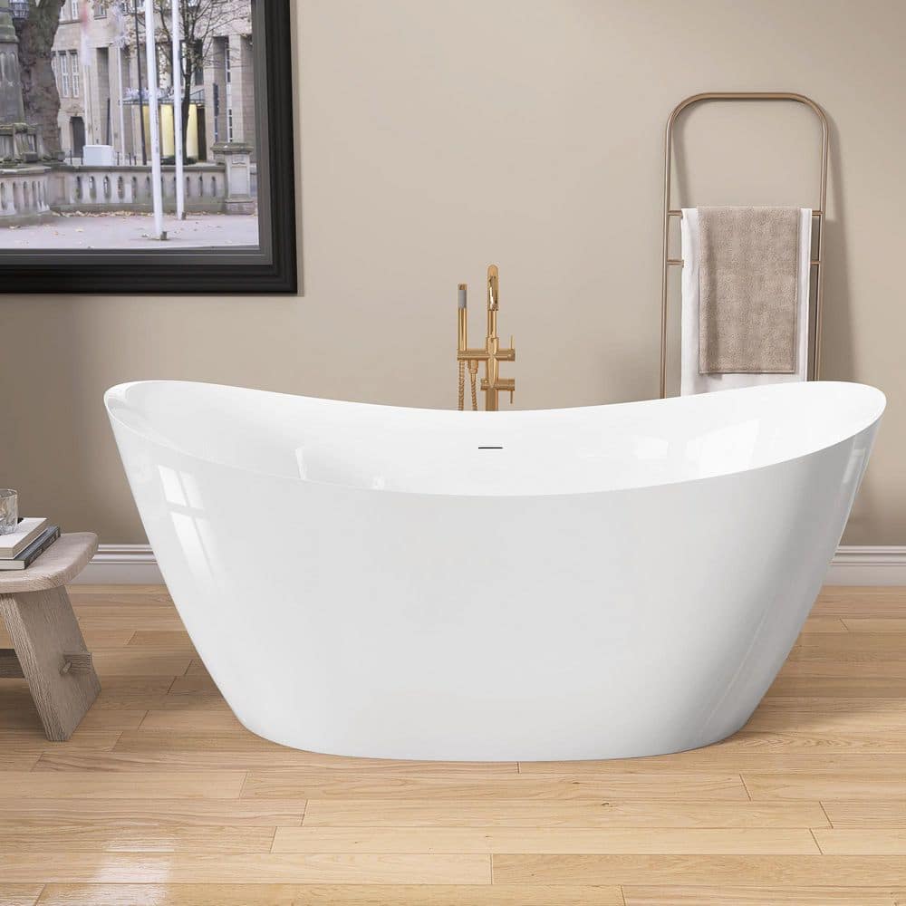 Getpro 55 in. 28.5 in. Freestanding Deep Soaking Bathtub Double Slipper Bath Tub with Center Drain Polished Chrome
