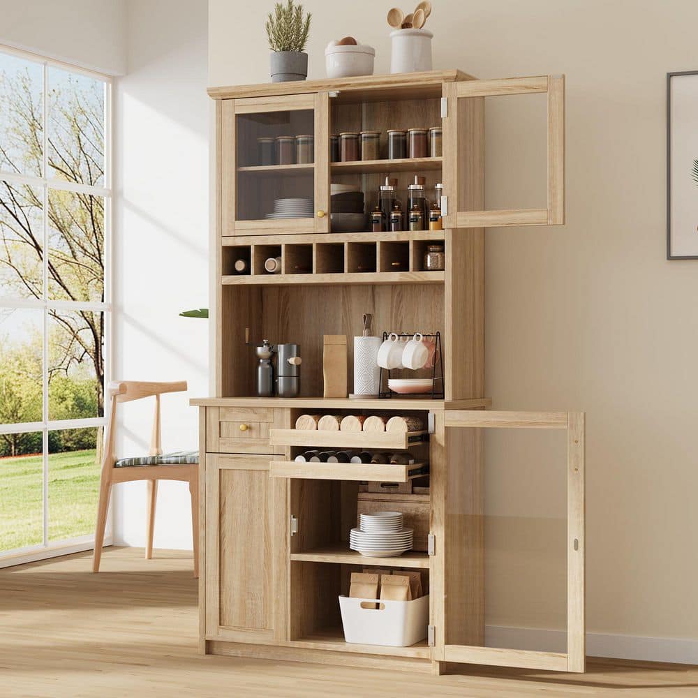 COWLOWN 35.4 in. W x 17.7 in. D x 74.8 in. H Brown Linen Cabinet Kitchen Pantry with Wine Rack and Adjustable Shelves