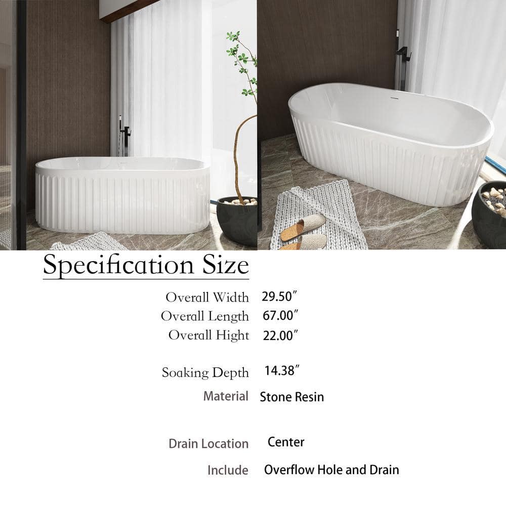 Unbranded 67 in. x 30 in. Contemporary Stone Resin Flatbottom Freestanding Soaking Bathtub with Overflow in Matte White (3)