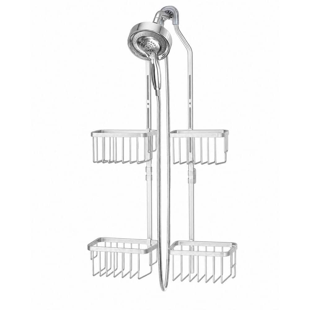 Anqtovp Hanging Adjustable Height Over Showerhead Organizer with Rustproof Aluminum, Soap Basket, Hooks in Silver (1)
