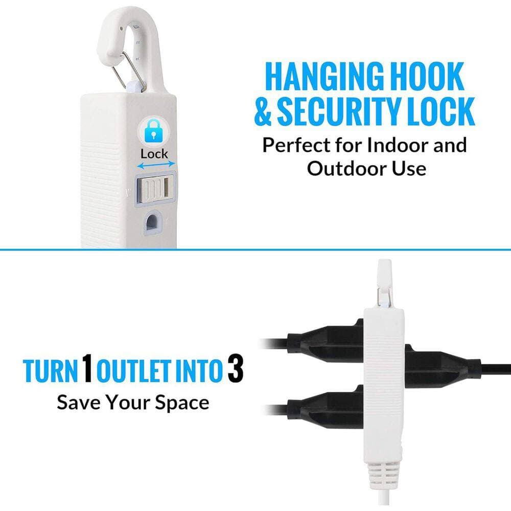MAXIMM 25 ft. 16 / 3 Light Duty Indoor Extension Cord with Hook, Angled Plug, 3-Outlet, 13 Amps, White (2)