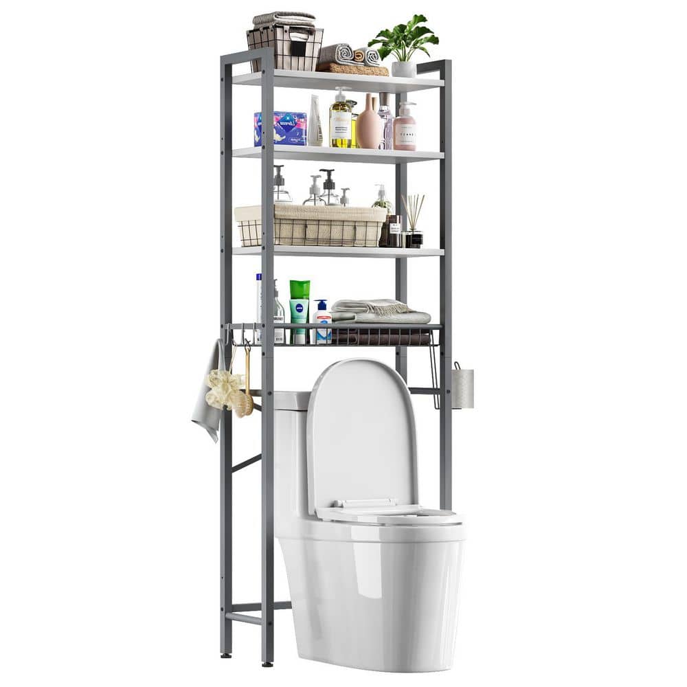 Numhew 1-Piece Metal Gray and White 4-Tier Bathroom Organizer Shelf Over Toilet with Adjustable Shelf and Basket for Room