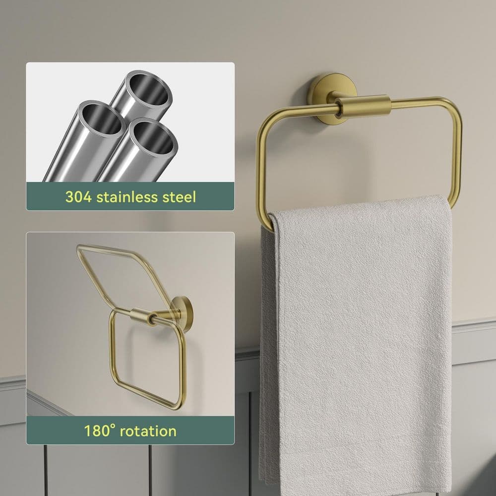 BWE 4-Piece Bath Hardware Set with Towel Rack, Toilet Paper Holder, Towel Ring and Towel Hook Brushed Gold (3)