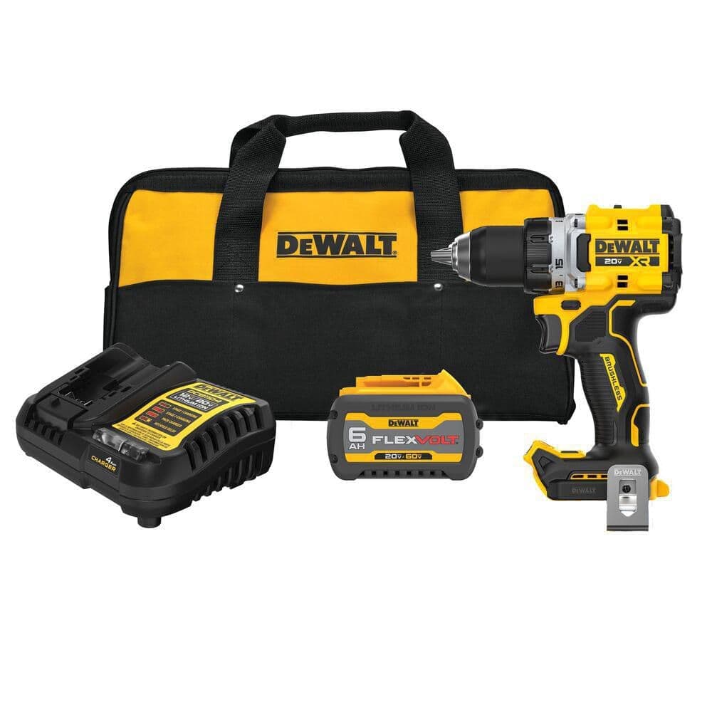 DEWALT 20V MAX XR Lithium-Ion Brushless Cordless 1/2 in. Drill/Driver Kit with 6.0 Ah FLEXVOLT Battery, Charger and Kitbag