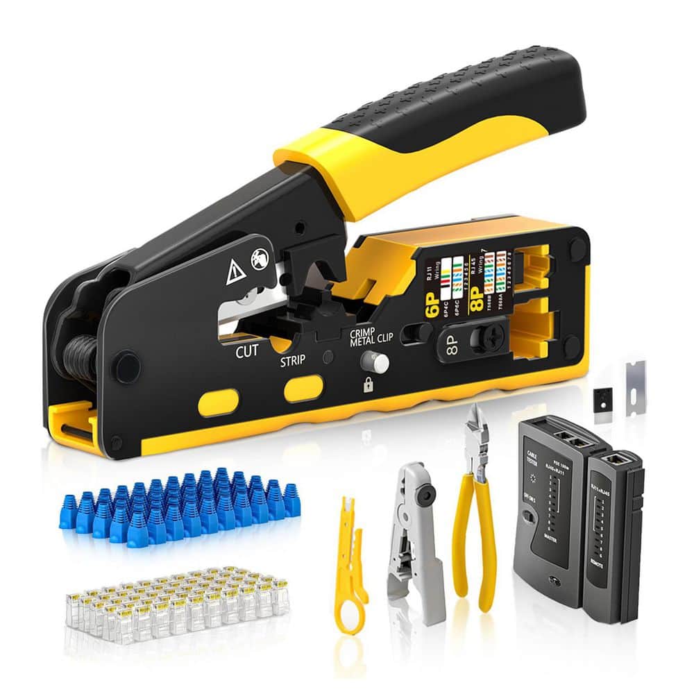 Unbranded Cat7 RJ45 Crimping Tool Kit with Pass Through Ethernet Crimper, Cable Tester, Stripper, Blades, 50pcs Cat6 Connectors