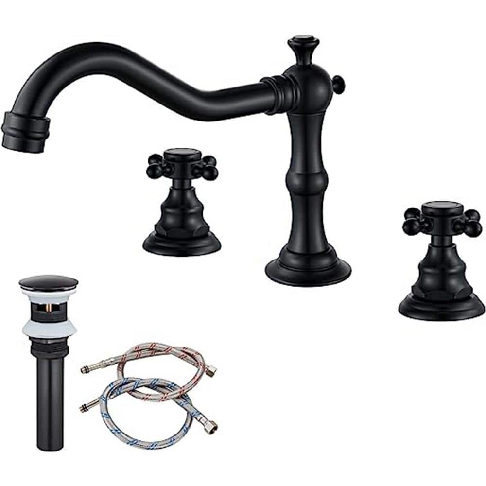 Dyiom Matte Black Victorian Widespread Deck Mounted 3-Holes Double Handles Bathroom Sink Faucet-Word Bath Accessory Set (1)