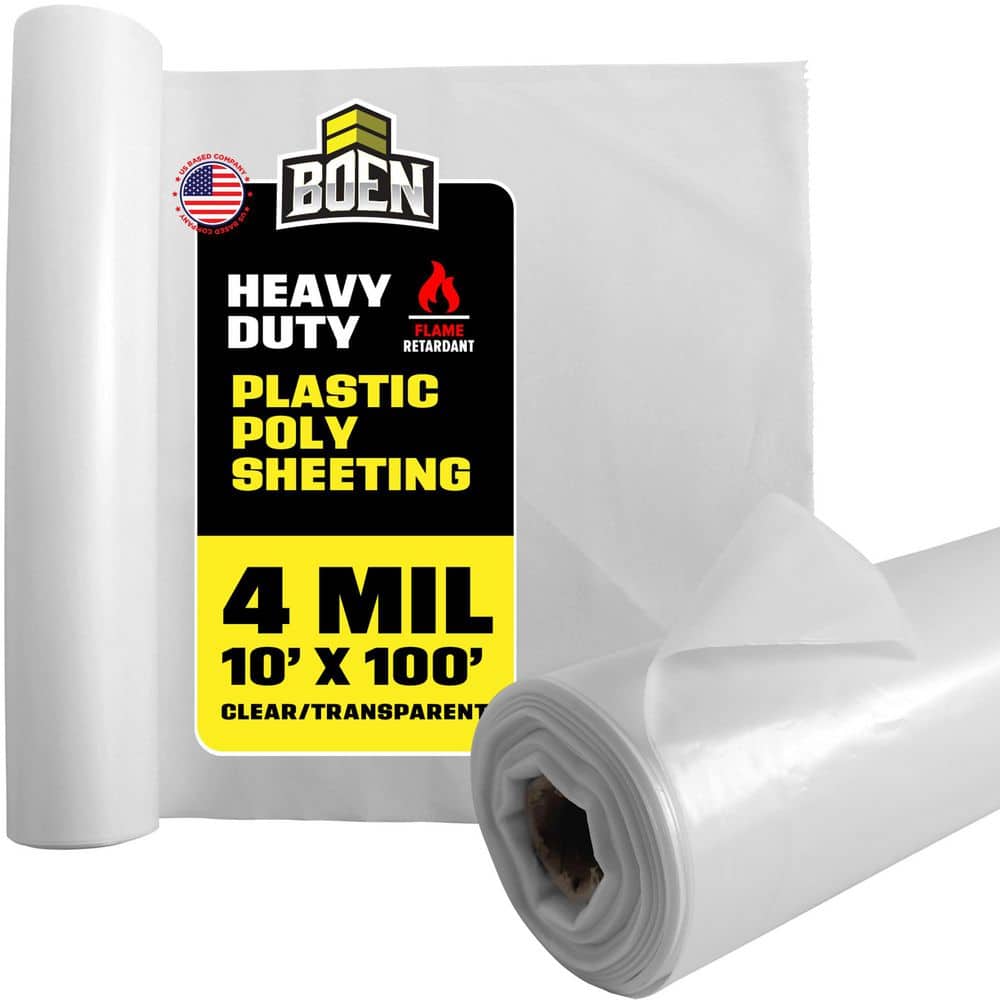 BOEN 10 ft. x 100 ft. 4 mil Clear Flame Retardant Plastic Sheeting for Dust Walls, Overspray Control and Vapor Barrier (1)