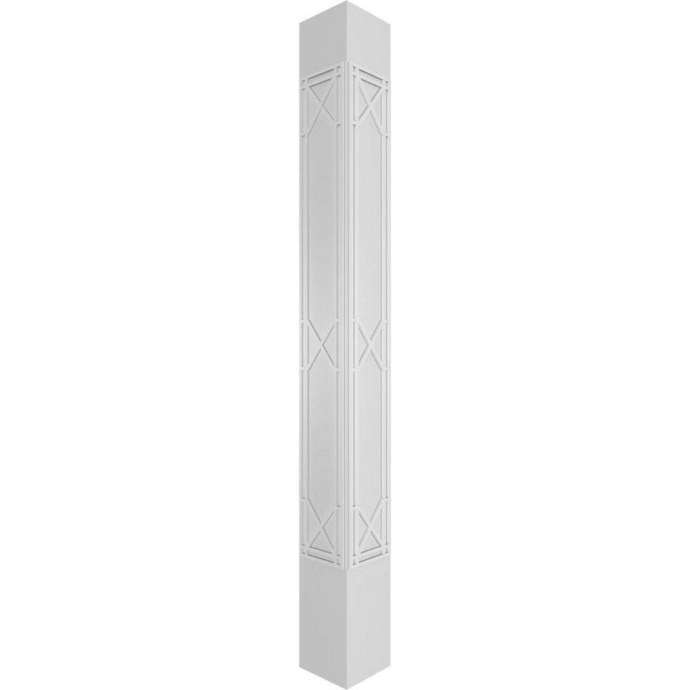 Ekena Millwork 7-5/8 in. x 10 ft. Premium Square Non-Tapered Bungalow Fretwork PVC Column Wrap Kit with Tuscan Capital and Base (3)