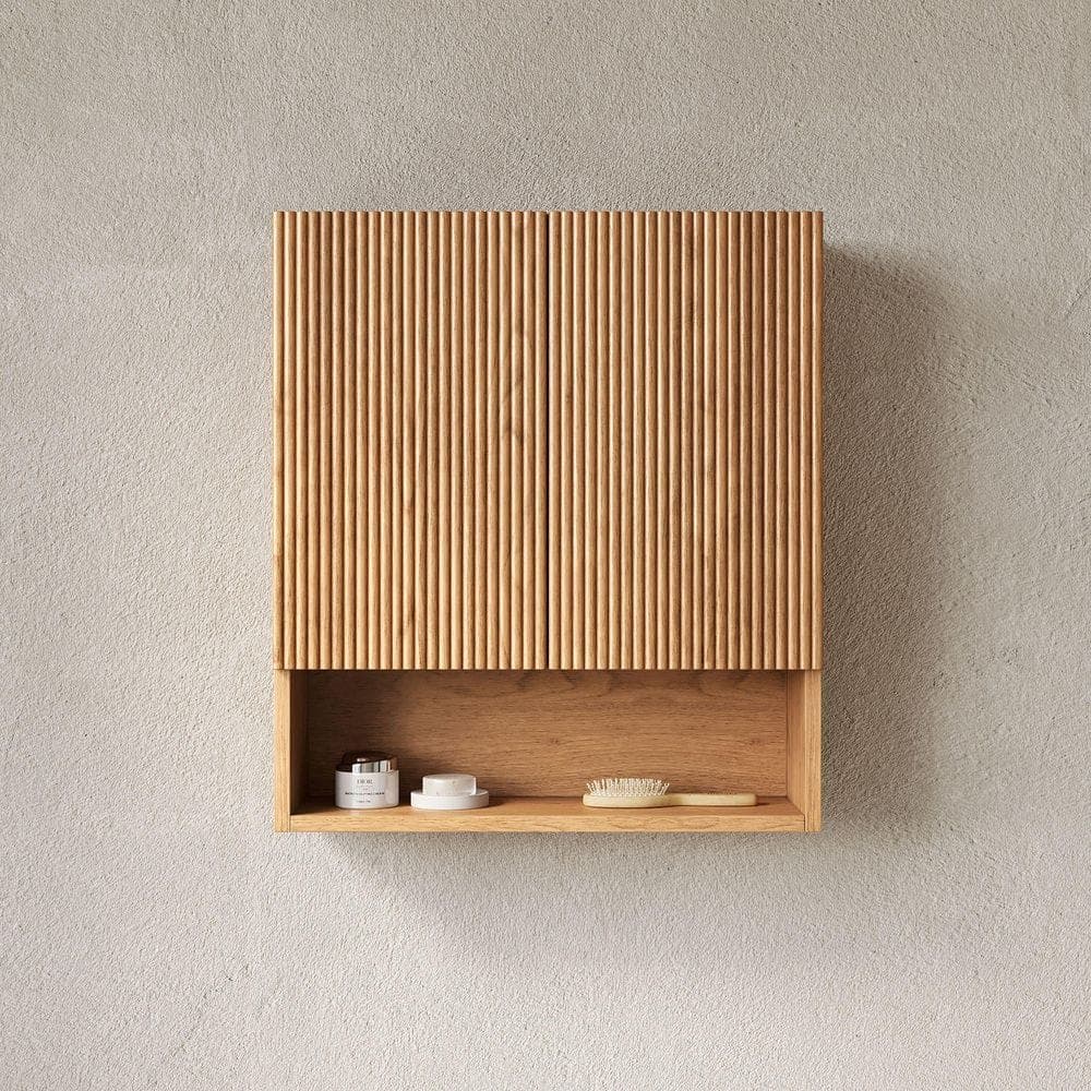 Liviza 26 in. W x 7.87 in. D x 30 in. H Plywood Bathroom Storage Wall Cabinet in Natural Wood with Soft Close Doors, Open Shelf (2)