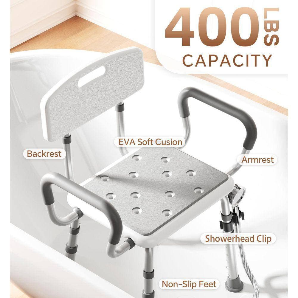 Lynzavix 22.7 in. W Freestanding Shower Seat with Arms & Back, Height Adjustable, Non-Slip Feet, 400 lb. Capacity, Aluminum Gray (3)