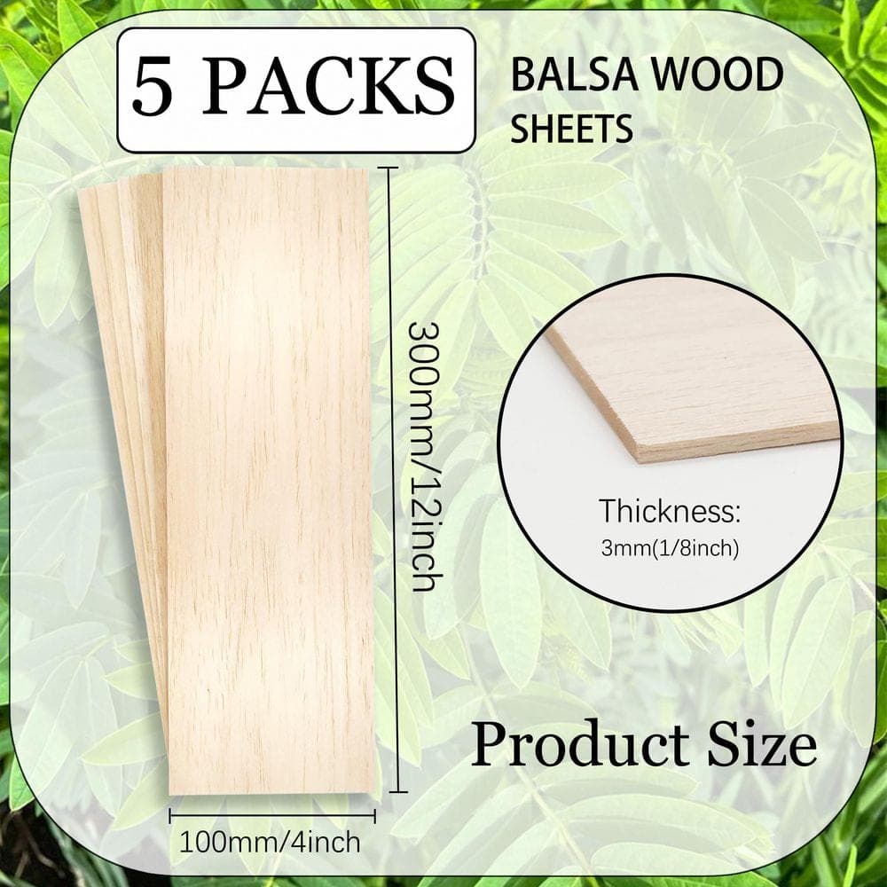 Afoxsos 1/8 in. x 4 in. x 12 in. Balsa Wood Project Panel Unfinished Smooth Surface for Crafts Pack of 5 (2)