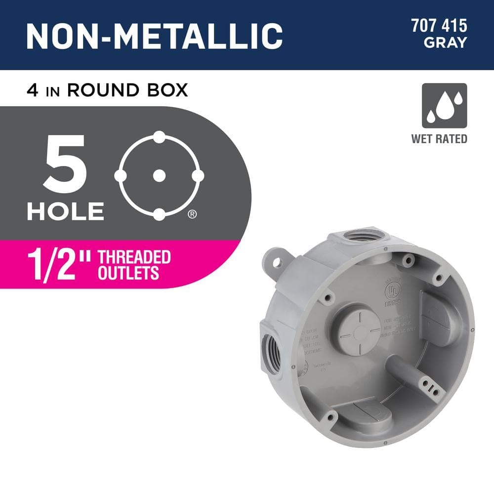 Commercial Electric 4 in. Round Non-Metallic Weatherproof Outlet Box with (5) 1/2 in. Holes, Gray (2)