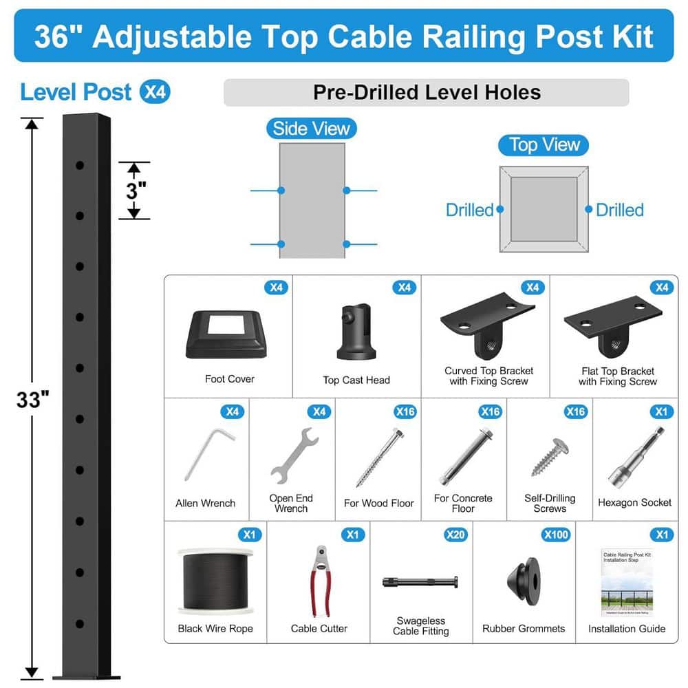 Afoxsos 2 in. 36 Adjustable Top System 4 Pack Black Level Drilled Posts 1/8 Wire Rope Swageless Kit Stainless Steel (2)