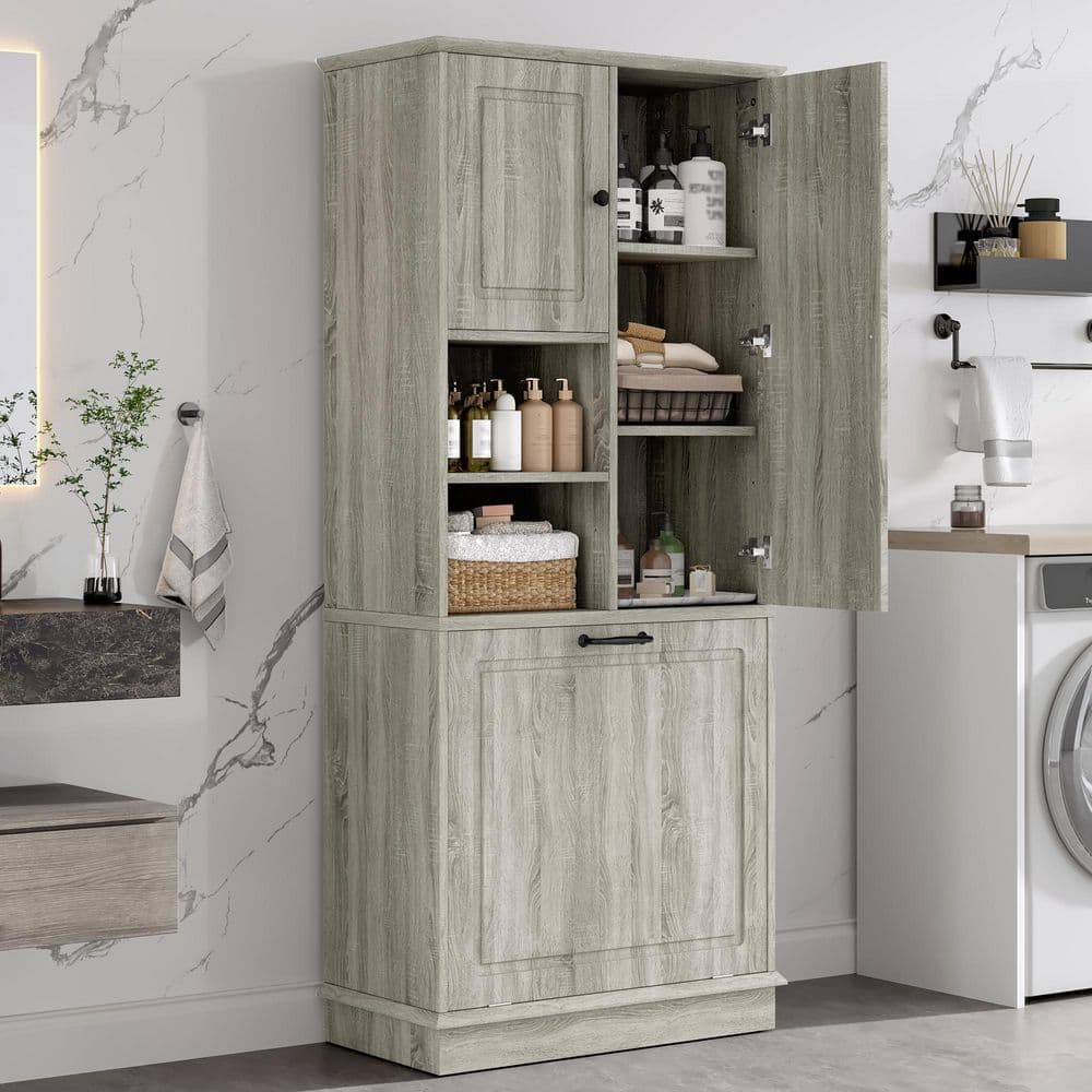 Unbranded 29.9 in. W x 14.2 in. D x 67.7 in. H Oak MDF Freestanding Linen Cabinet with Adjustable Shelves for Bathroom Storage (2)