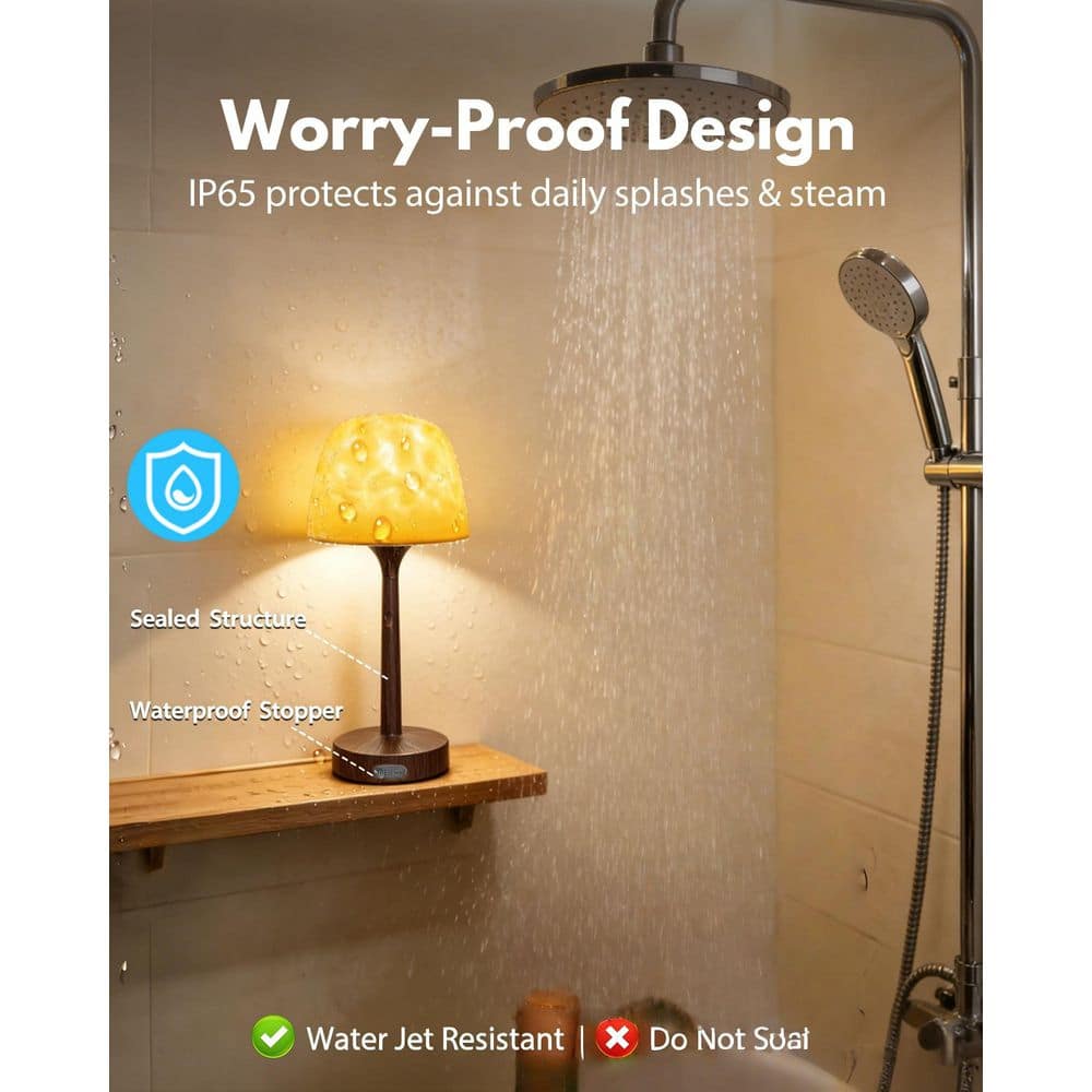 Numhew 1-Piece Bath Accessory Set with 16 Color Ocean Wave Projector Rechargeable Waterproof Cordless Shower Lamp in Walnut (3)