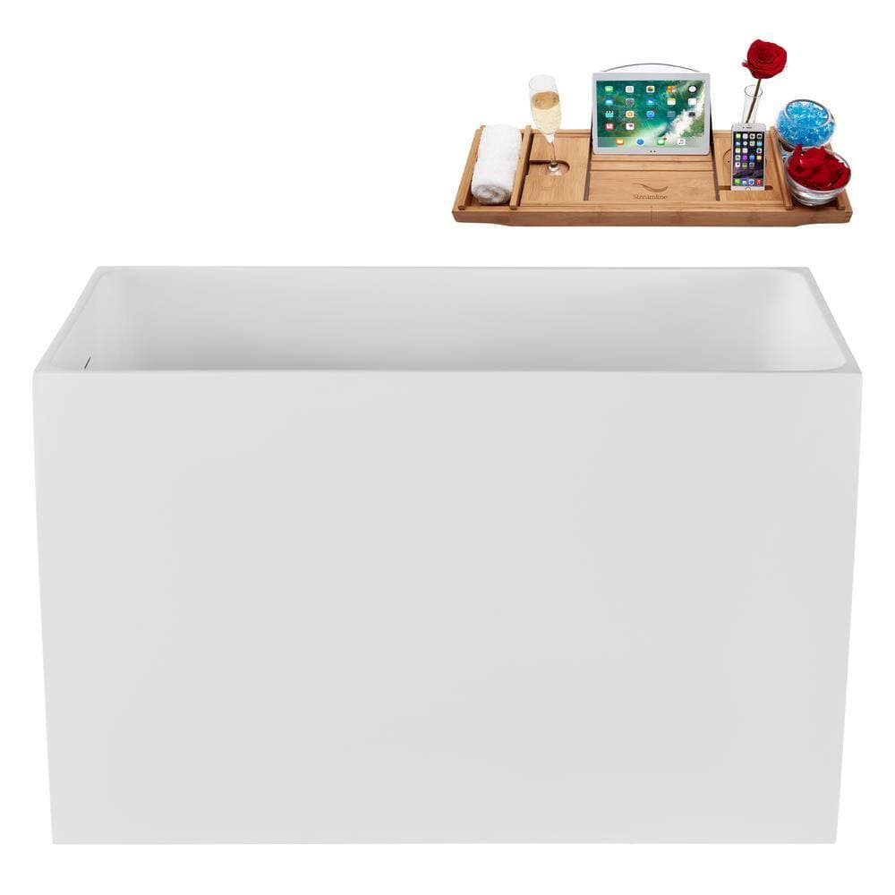 Streamline 47 in. x 28 in. Acrylic Freestanding Soaking Bathtub in Glossy White with Matte Oil Rubbed Bronze Drain, Bamboo Tray (3)