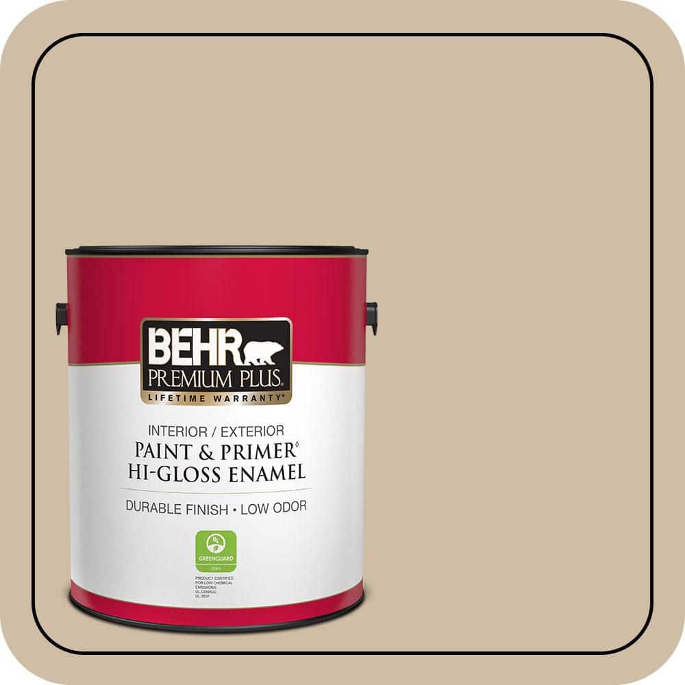 BEHR PREMIUM PLUS 1 gal. #PWL-83 Distant Tan Hi-Gloss Enamel Interior/Exterior Paint & Primer (1)