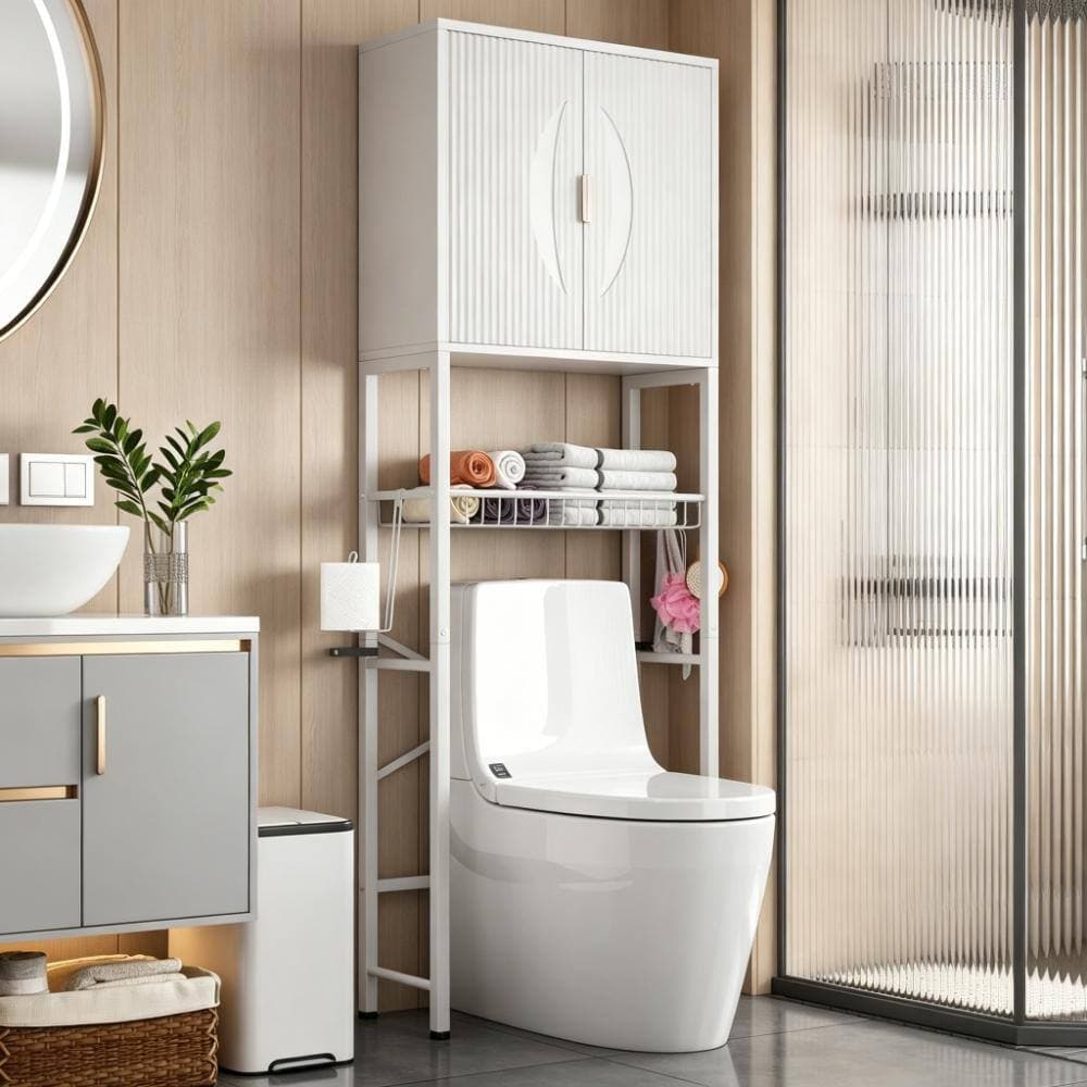 Whatseaso 23.6 in. W x 68 in H x 9.4 in. D Wood in White Over The Toilet Storage Cabinet with Fluted Wave Doors (2)