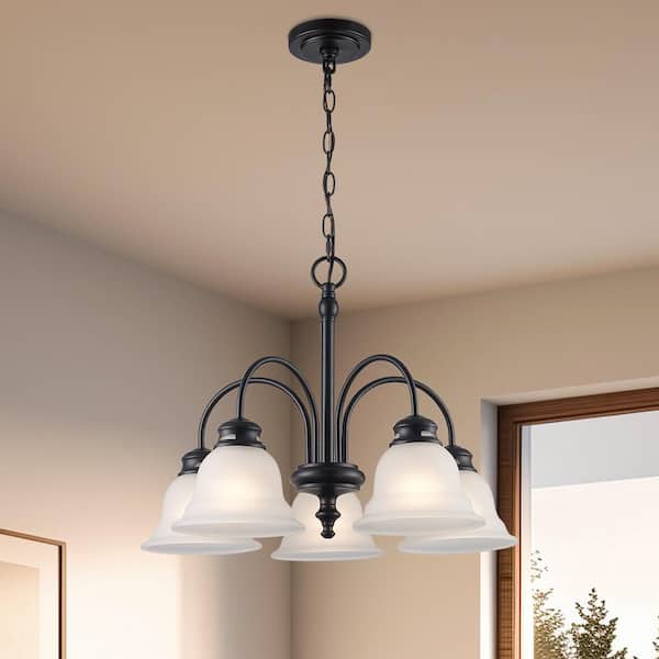 PRIVATE BRAND UNBRANDED 16.5 in. 5-Light Black Down Light Chandelier with Frosted Glass Shades