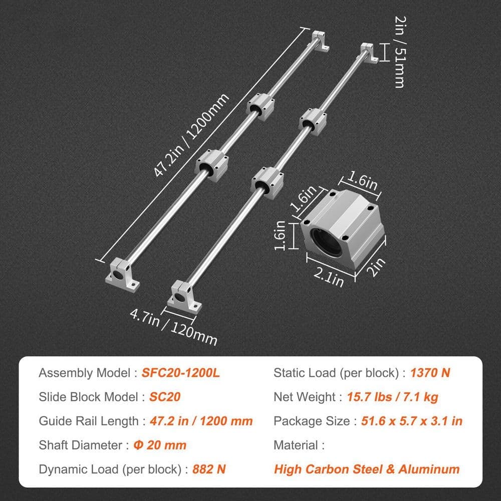 SKYSHALO Linear Guide Rail Set, SFC20 1200mm, 2 PCS 39.4 in. /1000 mm SFC20 Guide Rails 4 PCS SC20 Slide Blocks (2)
