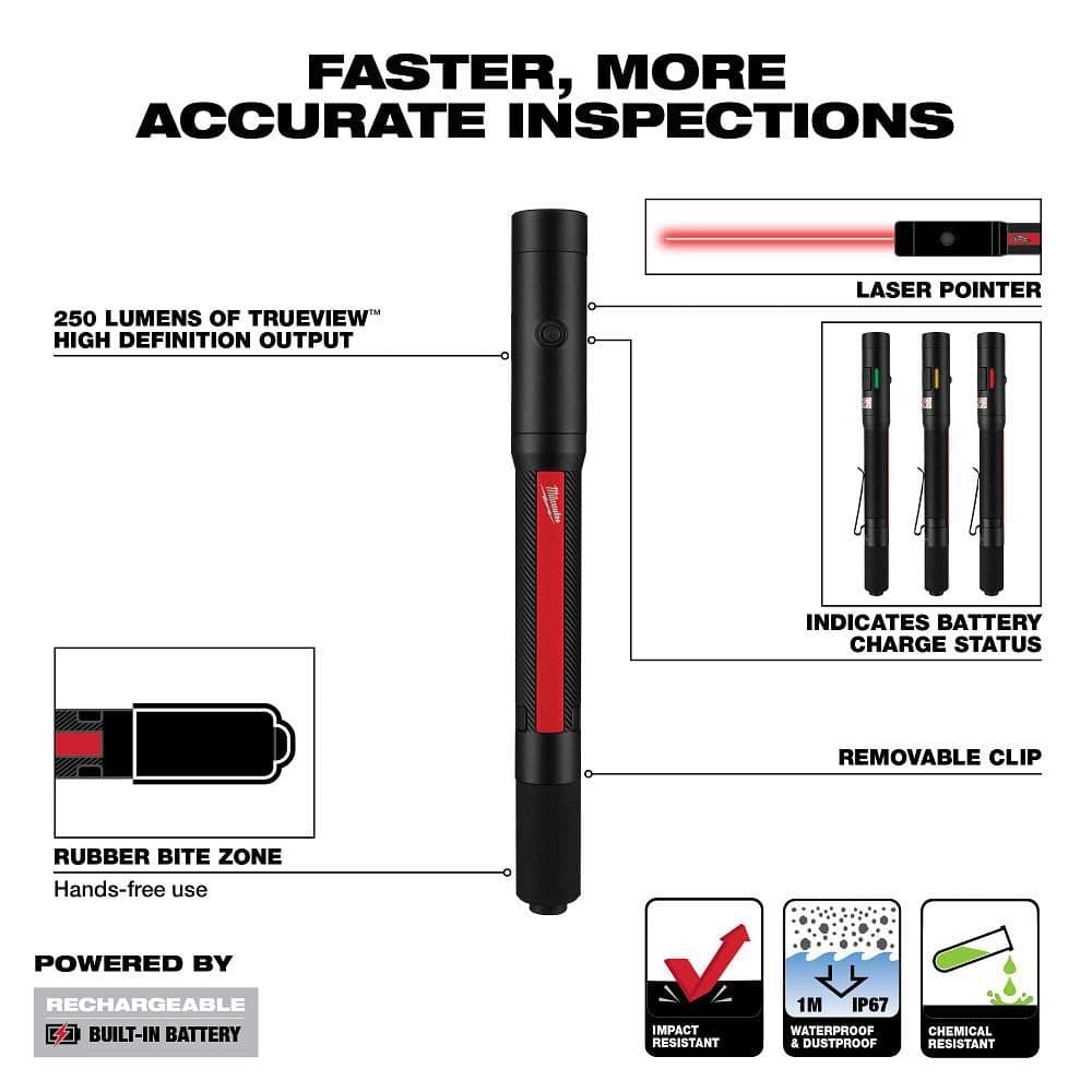 Milwaukee 250 Lumens Internal Rechargeable Penlight with Laser (4)
