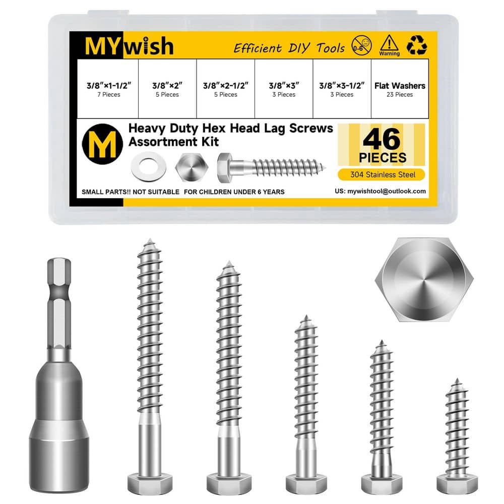 MYWISH 3/8" Hex Head Lag Screw Kit (46-Pcs), 304 Stainless Steel with Washers for Deck & Outdoor Wood Construction (1)