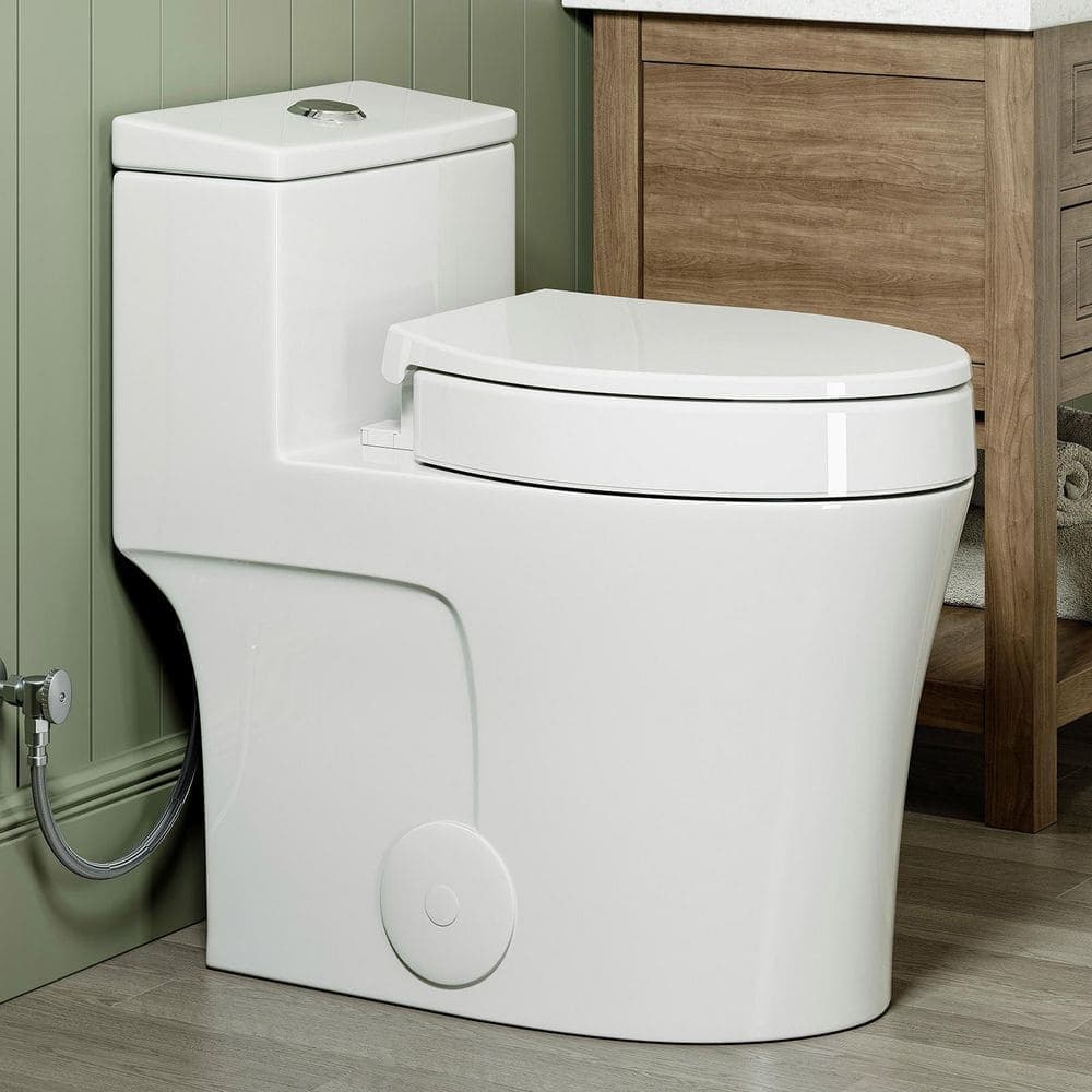HOROW 1-Piece 1.1/1.6 GPF Dual Flush Elongated Toilet in White with 3 in. Toilet Seat Riser, Seat Included
