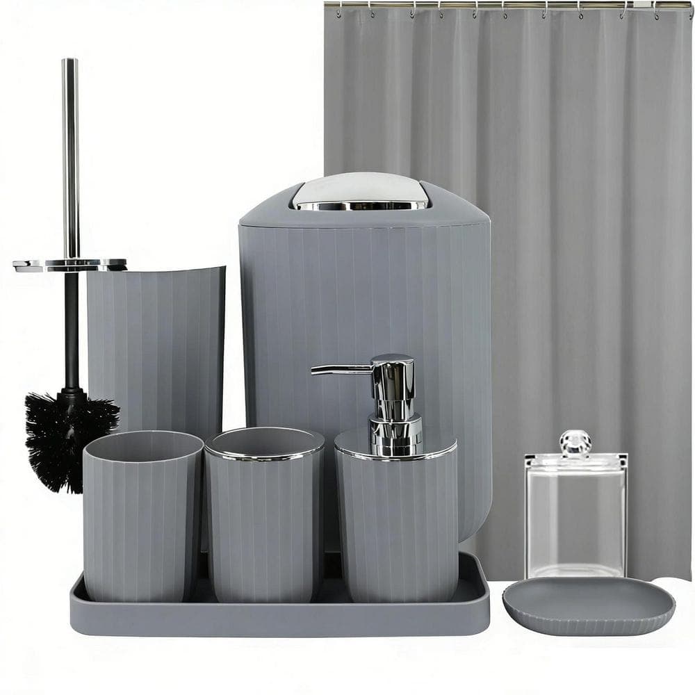 Numhew 9-Piece Gray Bath Accessory Set with Trash Can, Vanity Tray, Soap Dispenser, Soap Dish, Toothbrush Holder, Toilet Brush