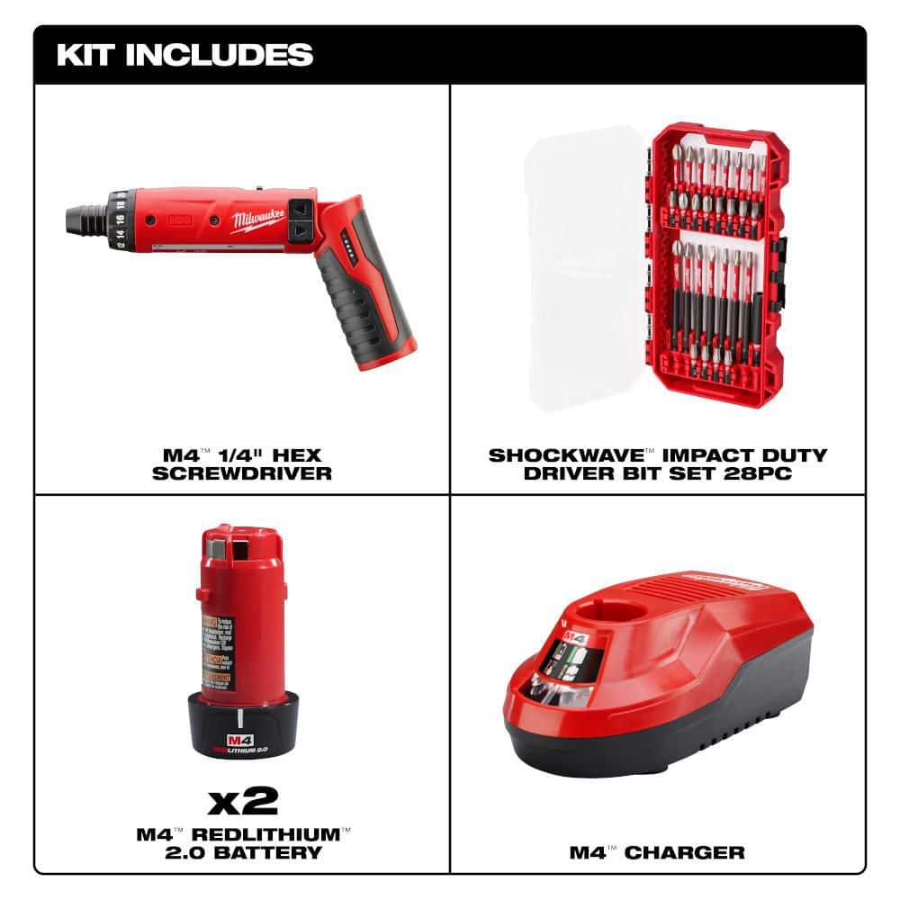 Milwaukee M4 4-Volt Lithium-Ion Cordless 1/4 in. Hex Screwdriver 2-Battery KitSHOCKWAVE IMPACT SET 28 Piece (2)