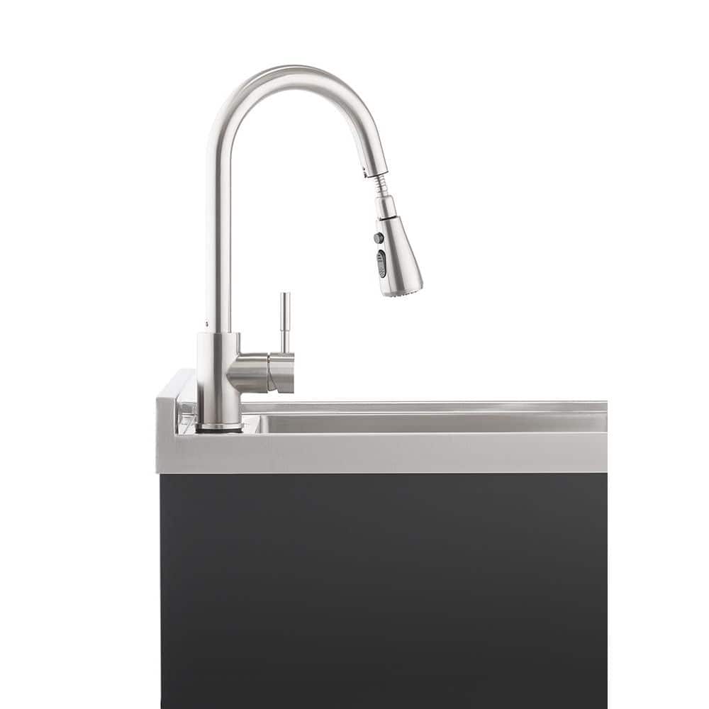 TRINITY 18 in. W x16 in. D Basin Freestanding Laundry/Utility Sink in Stainless Steel and Black with Pull-Out Faucet + Sink Grid (2)