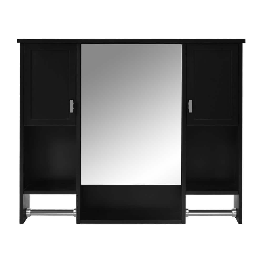 cadeninc 35 in. W x 6.7 in. D x 28.7 in. H  Wall Mounted Bathroom Storage Cabinet in Black with Mirror and Towels Bar