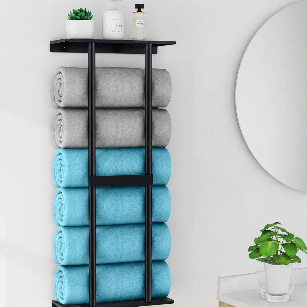 KHKFY 30 in. Wall Mounted Bathroom Towel Rack with Shelf, Holds 6 Large Rolled Towels, Space Saving Storage, Black (2)