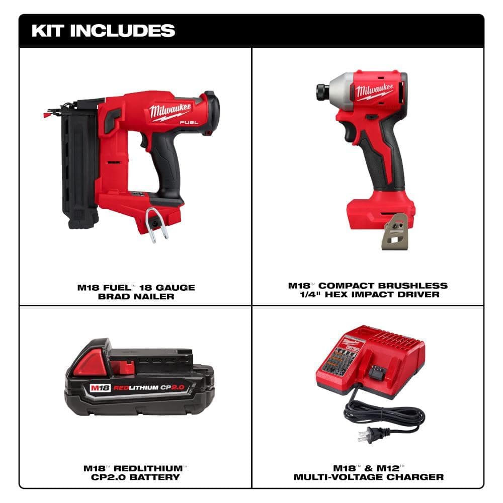 Milwaukee M18 FUEL 18-Volt Lithium-Ion Brushless Cordless Gen II 18-Gauge Brad Nailer W/M18 Brushless 1/4" Hex Impact Driver Kit (3)