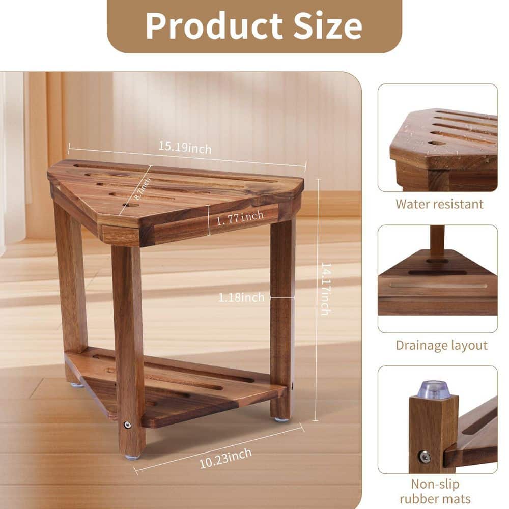 Wudkey Dual-Layer 8.7 in. D x 15.19 in. W x 14.1 in. H Freestanding Walk-In Shower Seat in Brown with Storage for Small Spaces (2)