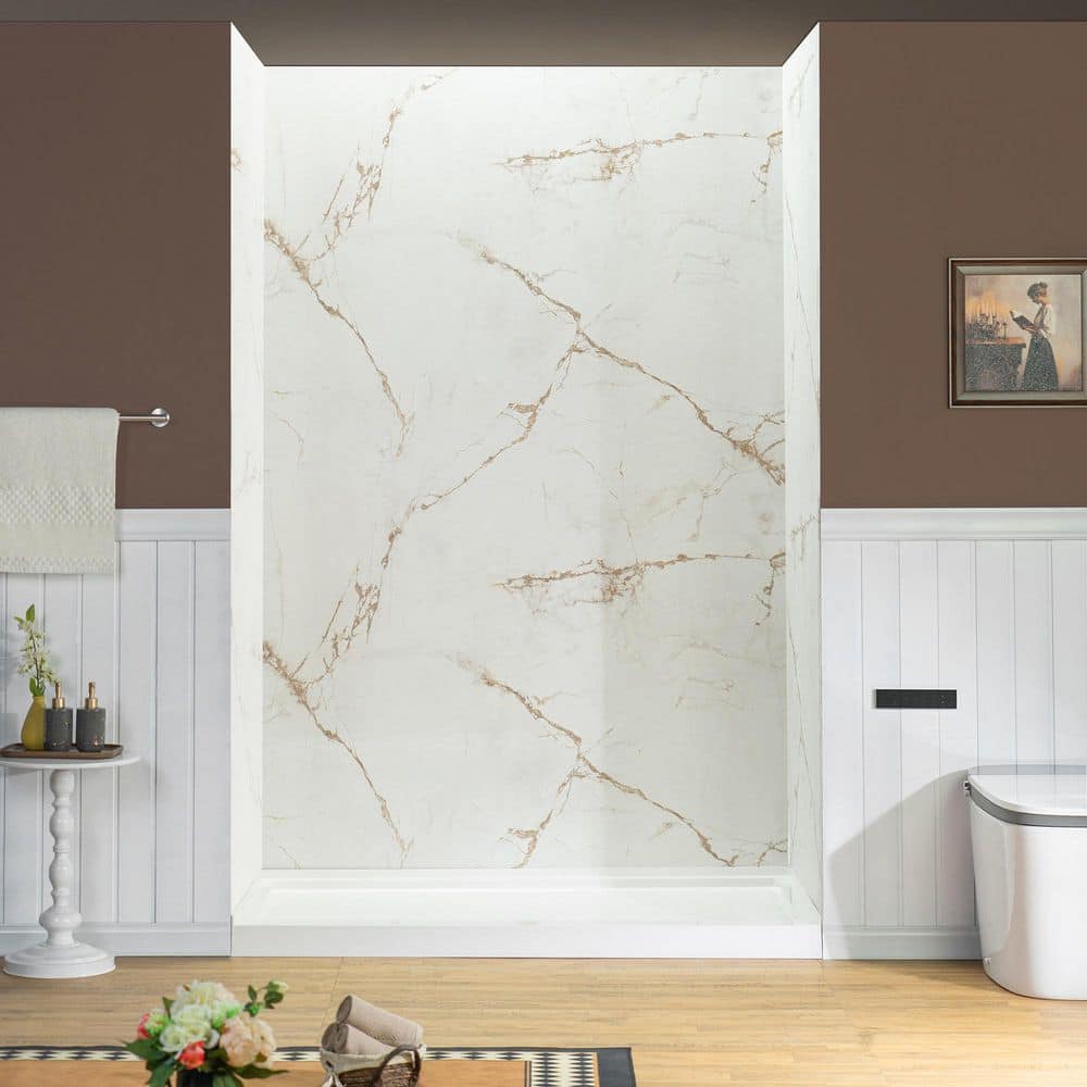 WOODBRIDGE 32 in. x 60 in. x 96 in. 3-Piece Easy Glue Up Alcove Shower Wall Surround in Beige Marble with Soft Brown Veining (1)