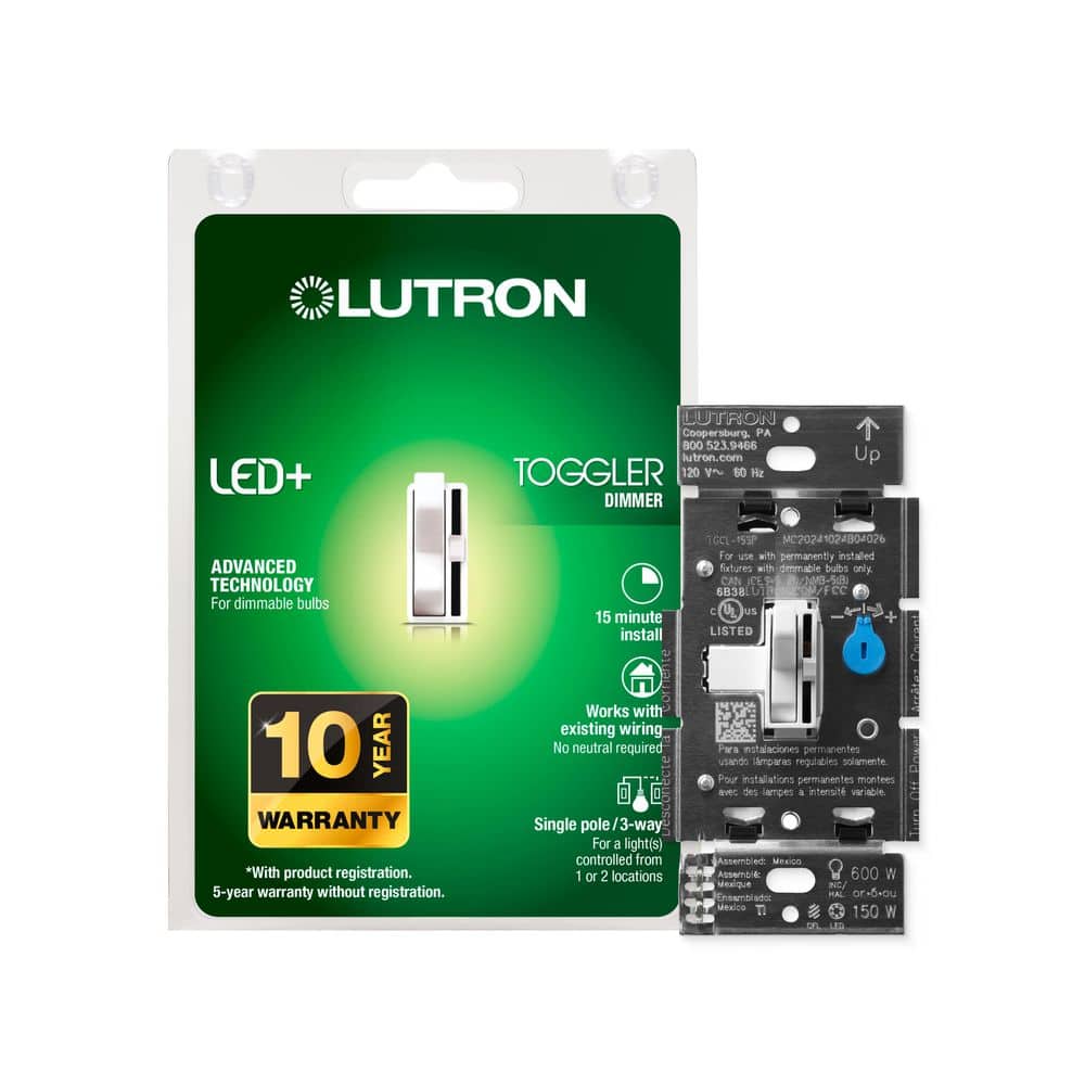 Lutron Toggler LED+ Dimmer Switch for Dimmable LED Bulbs, 150W LED/Single-Pole or 3-Way, (TGCL-153P-WH-2)