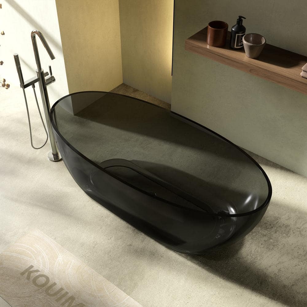 KOUIMO 63 in. Artificial Stone Freestanding Soaking Bathtub with Drain,Flat Bottom,Transparent Gray (2)