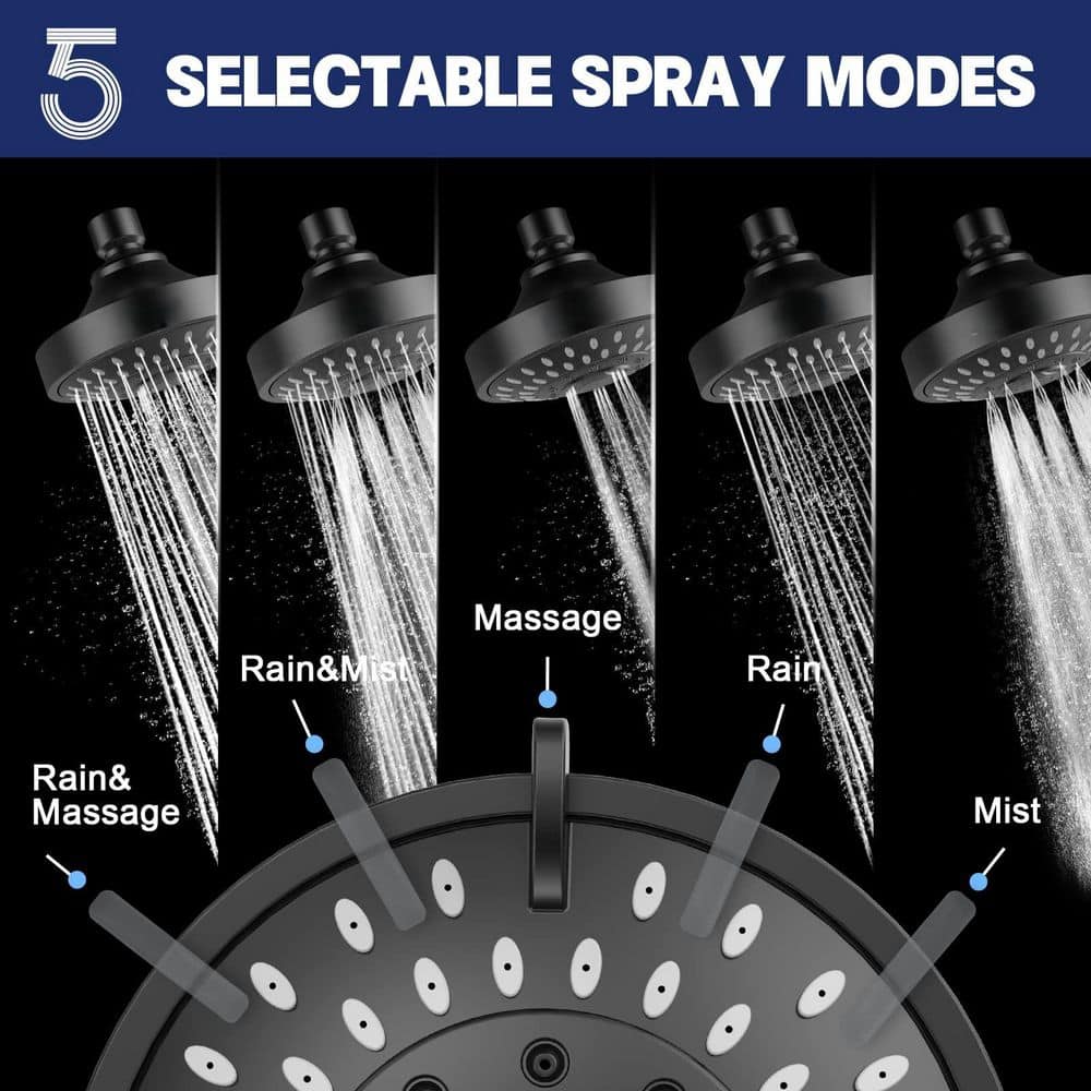 Wudkey High Flow High Pressure 1-Piece Fixed Shower Head with 5 Spray Modes & 66 Nozzles in Matte Black (3)