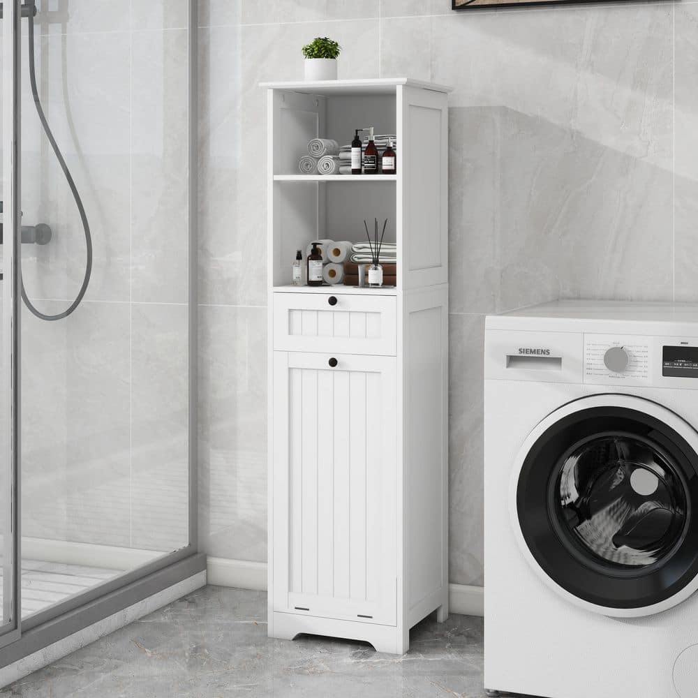 YSQCAR 15.74 in. W x 13.77 in. D x 55 in. H White MDF Freestanding Linen Cabinet with 1-Drawer Tilt-Out Laundry Sorter (2)