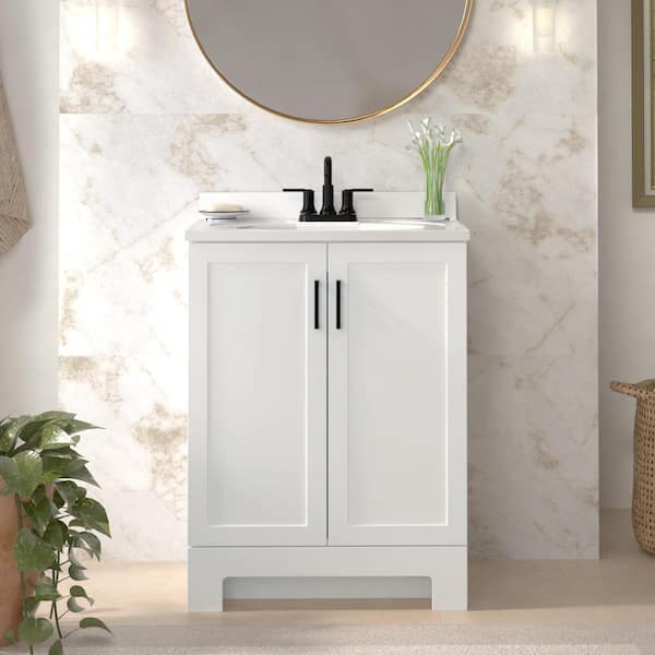 Glacier Bay Oakley 25 in. Single Sink White Freestanding Bath Vanity with White Cultured Marble Top (Assembled)