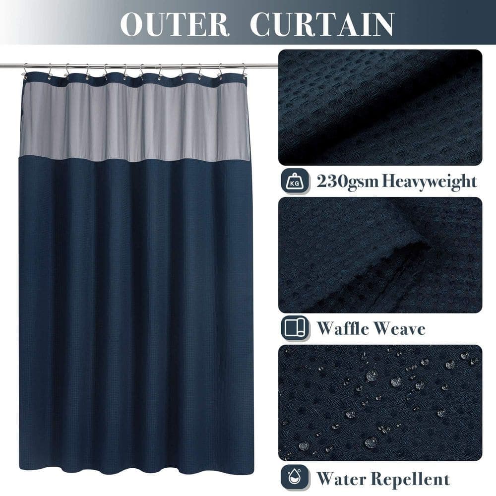 Wudkey 1-Piece Bath Accessory Set in Navy Blue, 71 x 72 in. Waffle Weave Shower Curtain with Snap-in Fabric Liner Set (2)