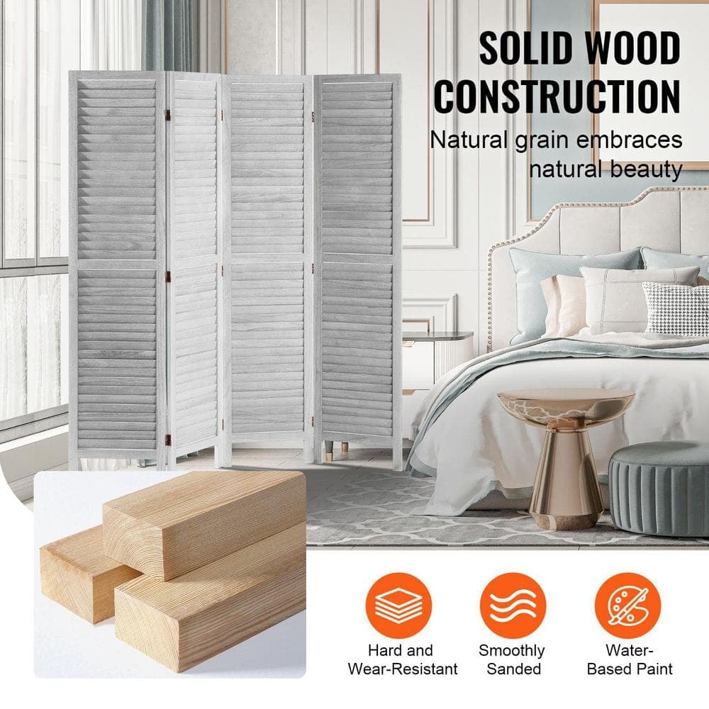 SKYSHALO Wood Room Divider, Folding Privacy Screen, 4 Panel 66.9 in. Tall Indoor Partition for Home, Office, Bedroom Gray (3)