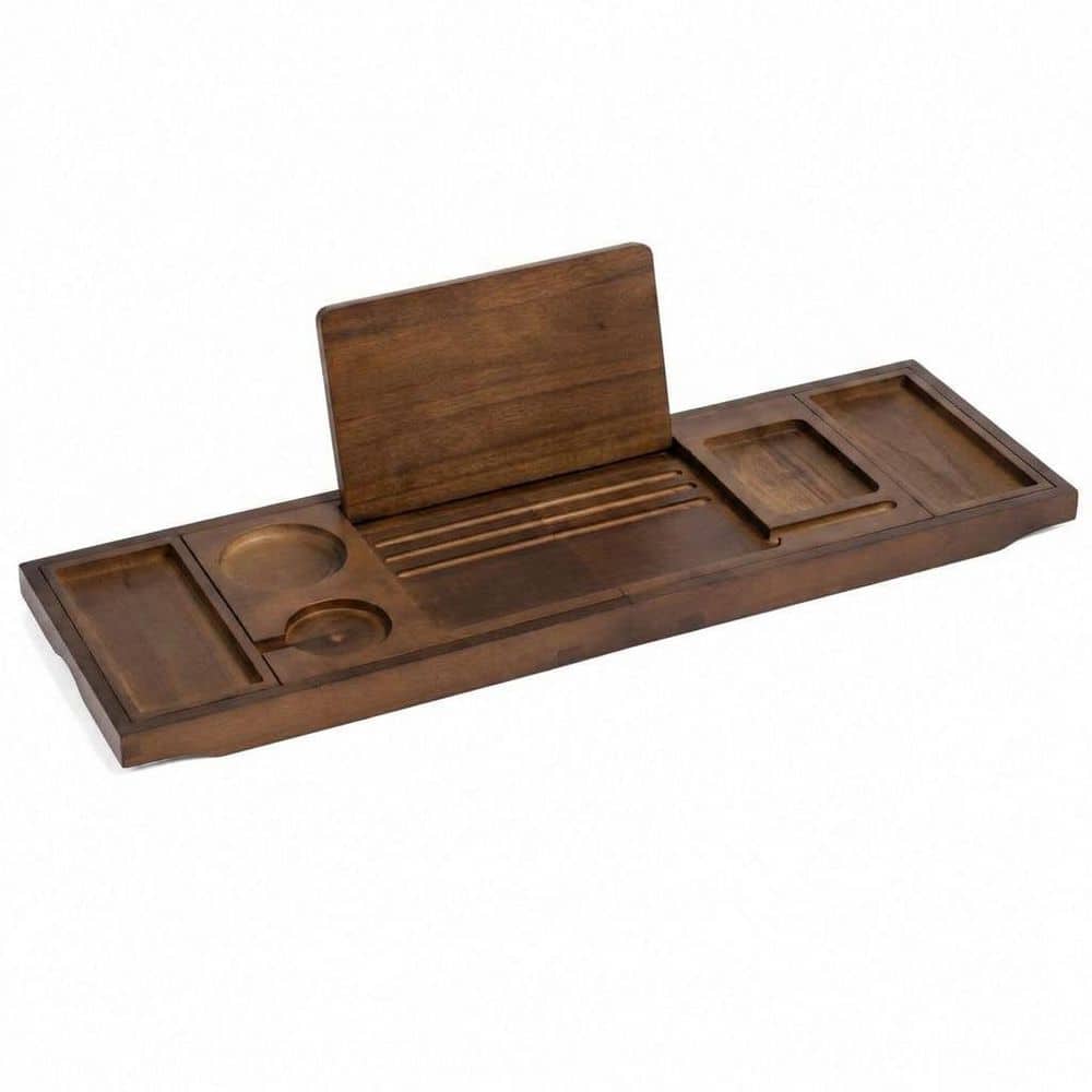 KHKFY Adjustable Bamboo Bathtub Caddy with Wine Glass Holder, Phone Dock, Book Stand and Removable Trays, Brown (1)