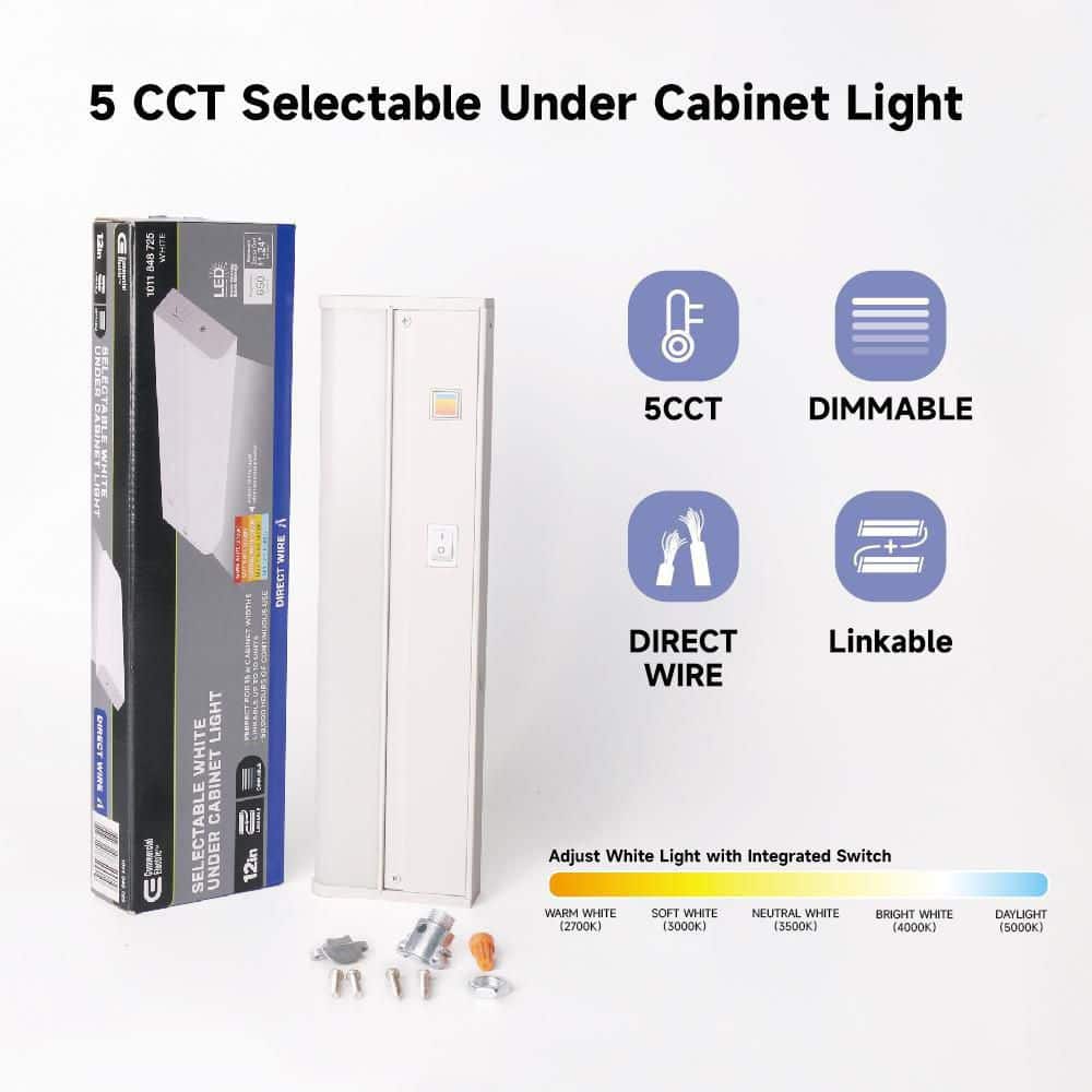 Commercial Electric 12 in. Hardwired White Integrated LED 5CCT Linkable Under CabinetLight (4)