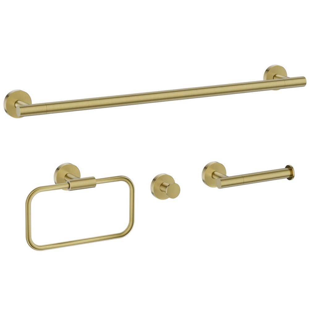 BWE 4-Piece Bath Hardware Set with Towel Rack, Toilet Paper Holder, Towel Ring and Towel Hook Brushed Gold (1)