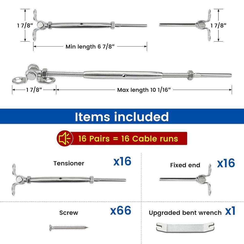 Afoxsos 32-Pack T316 Stainless Steel Cable Railing Hardware Kit Swage Toggle Turnbuckle Adjustable Angle 180° for Wood Post (2)