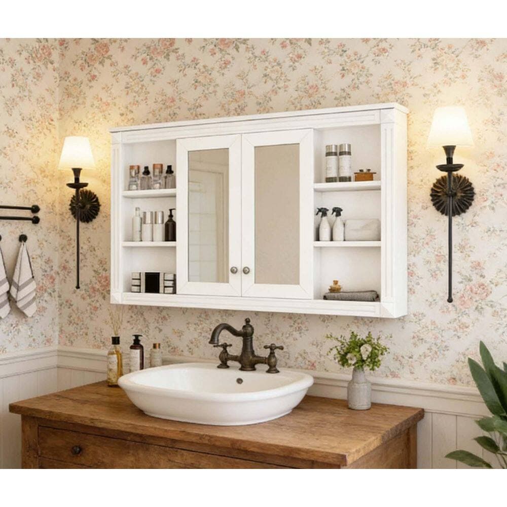 LuckByte 47 in. W x 28.74 in. H Bathroom Rectangular Medicine Cabinet with Mirror, Adjustable Shelf and Open Shelves White (2)